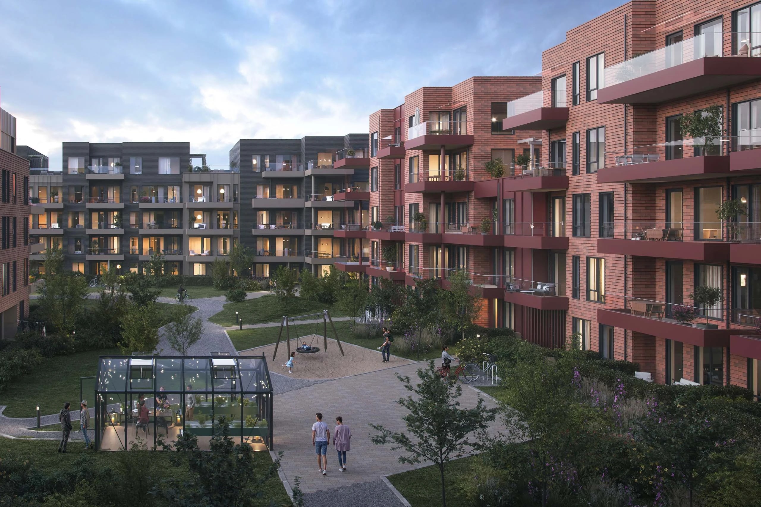 Illustrasjon av gårdsrommet mellom byggene i Jåtunparken