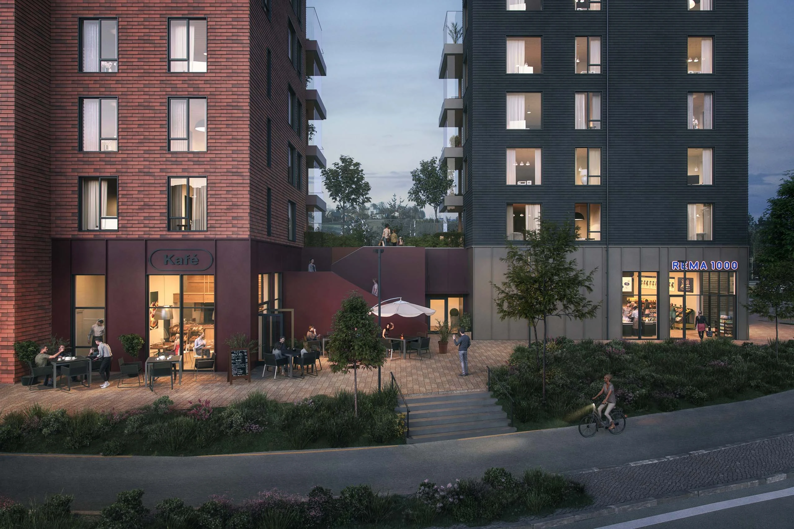 Illustrasjon av Jåtunparken sett fra gaten i kveldslys, med butikk i første etasje