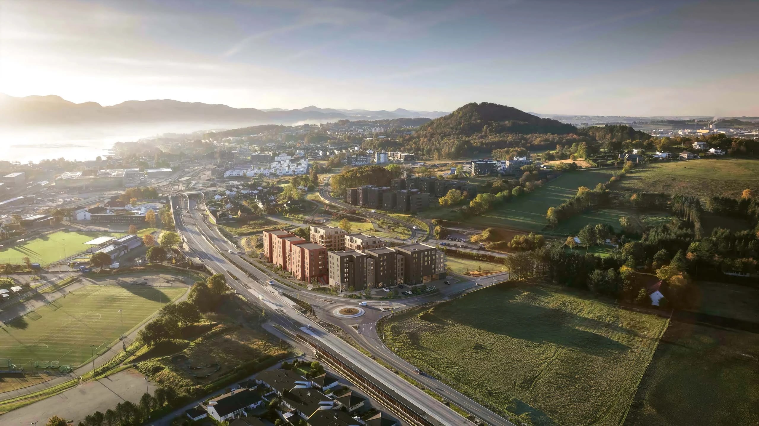 Illustrasjon av Jåtunparken og Hinna sett fra luften