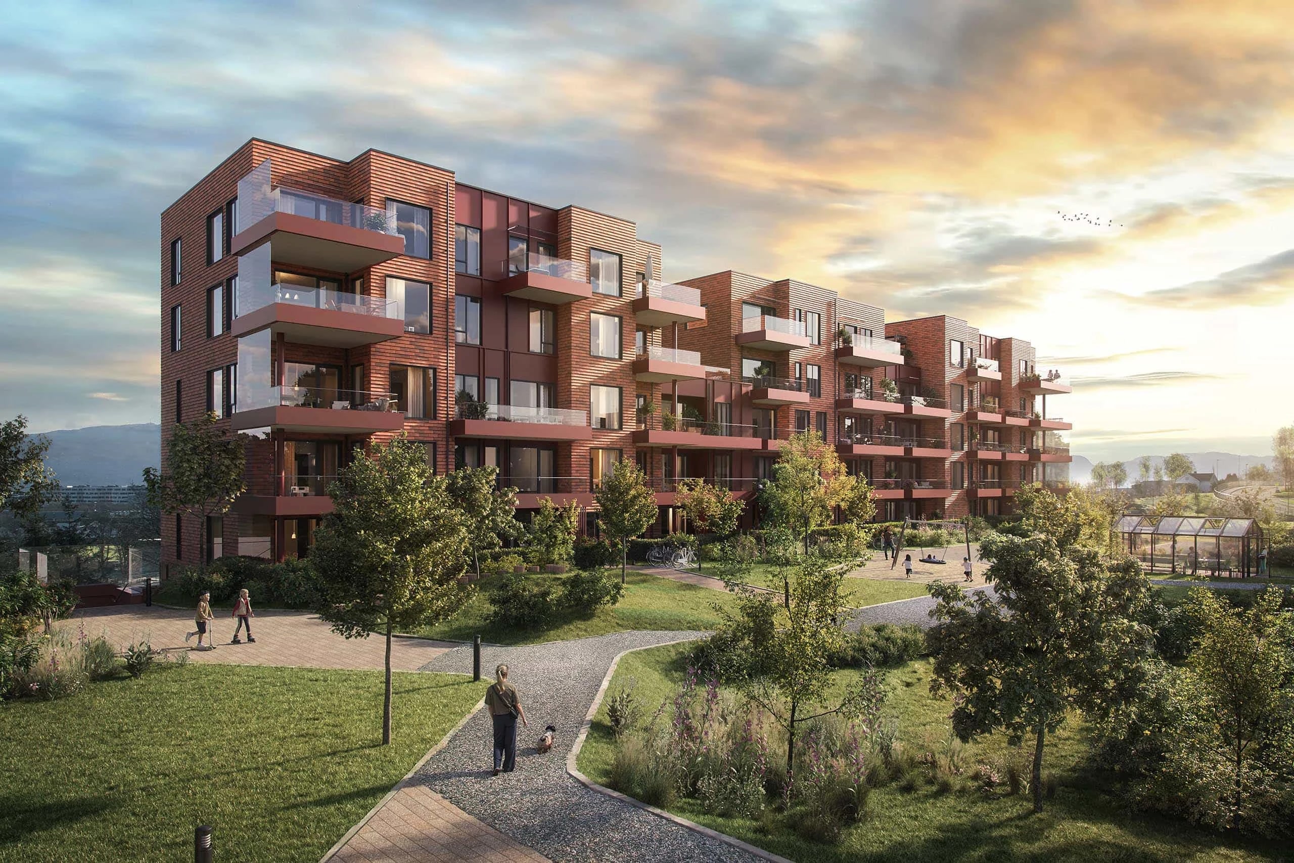 Illustrasjon av KBA2 med balkonger mot parken
