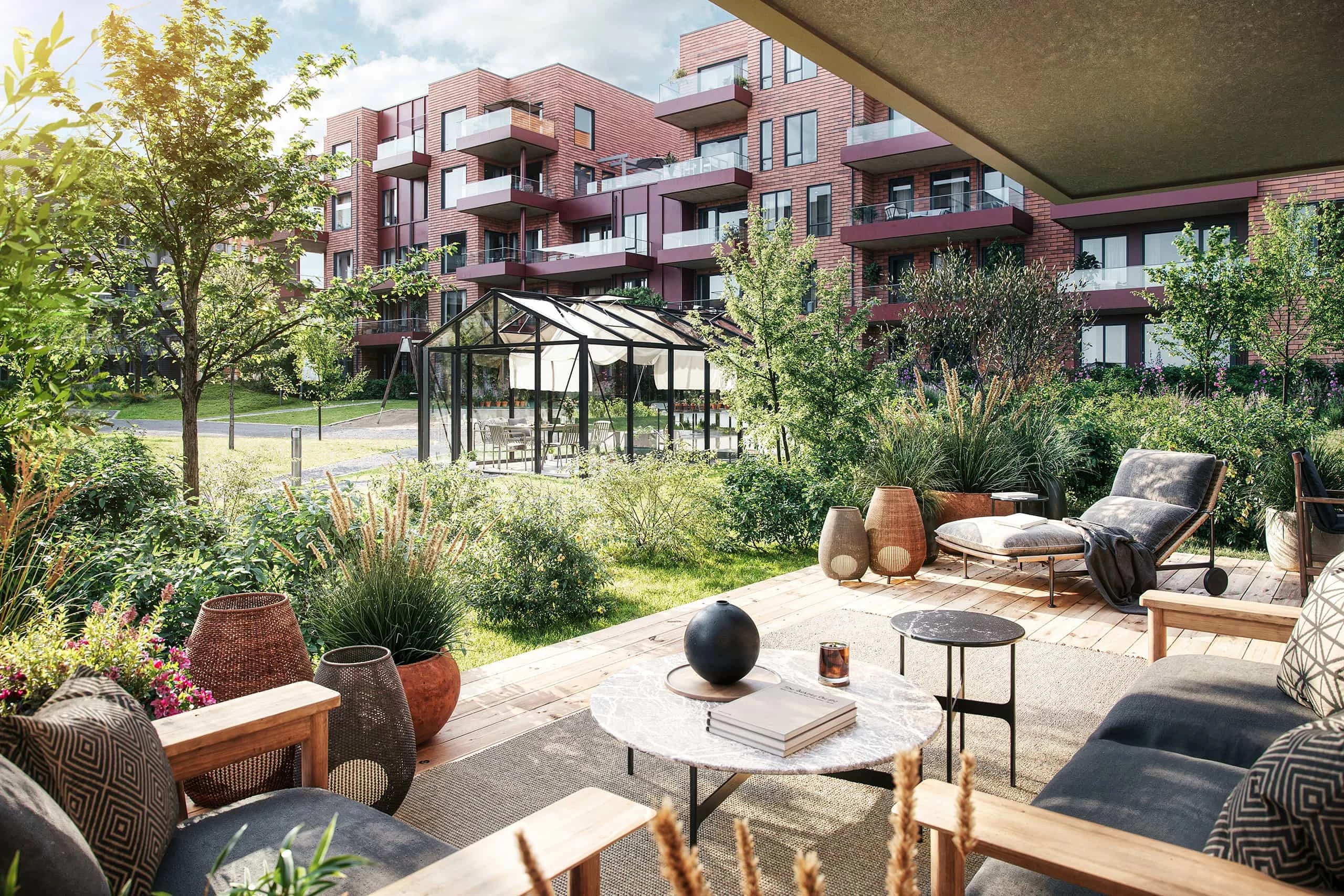 Illustrasjon av terrassen i B2-H0105 i Parkhusene