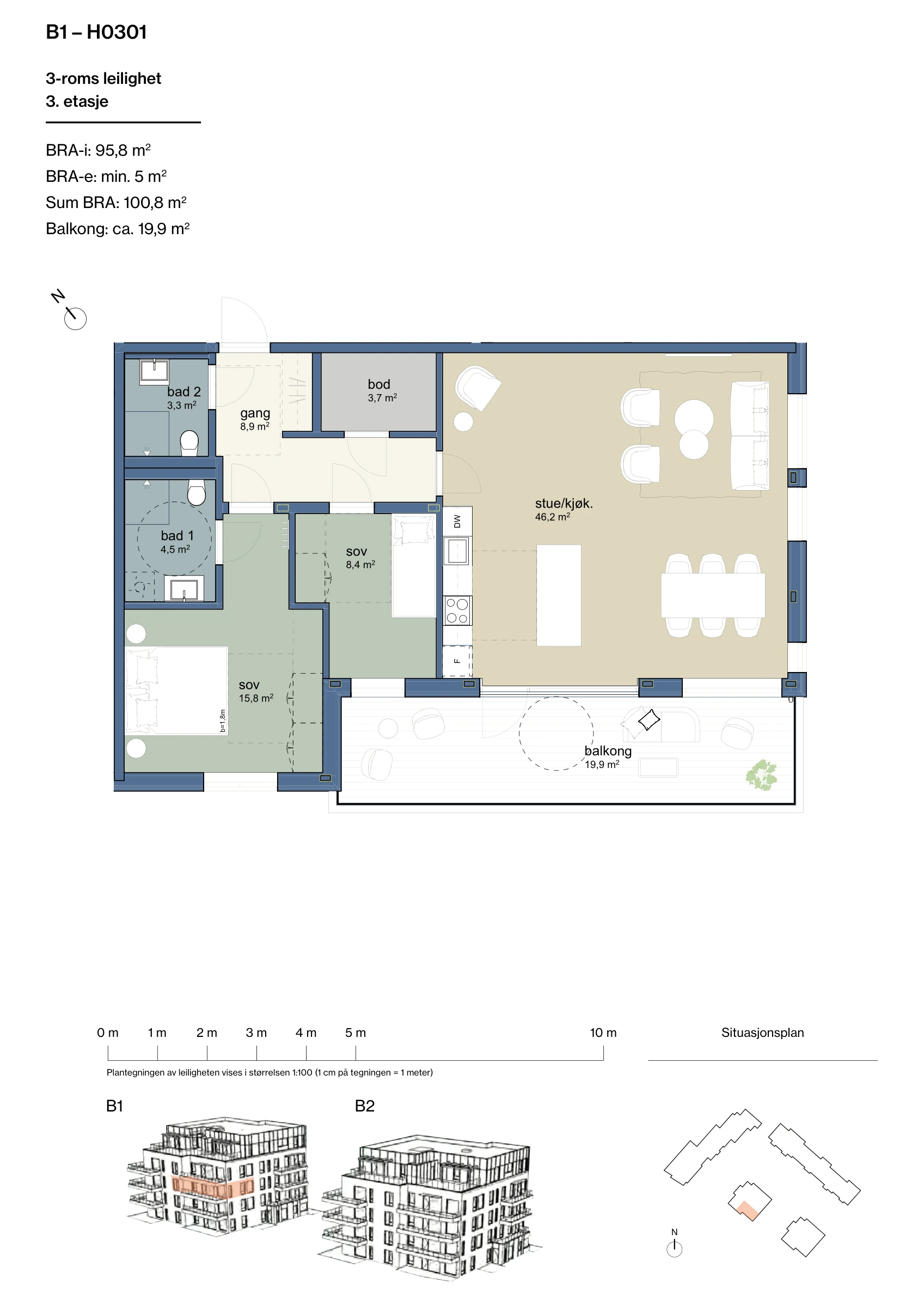 Plantegning for leilighet B1-H0301 i Jåtunparken