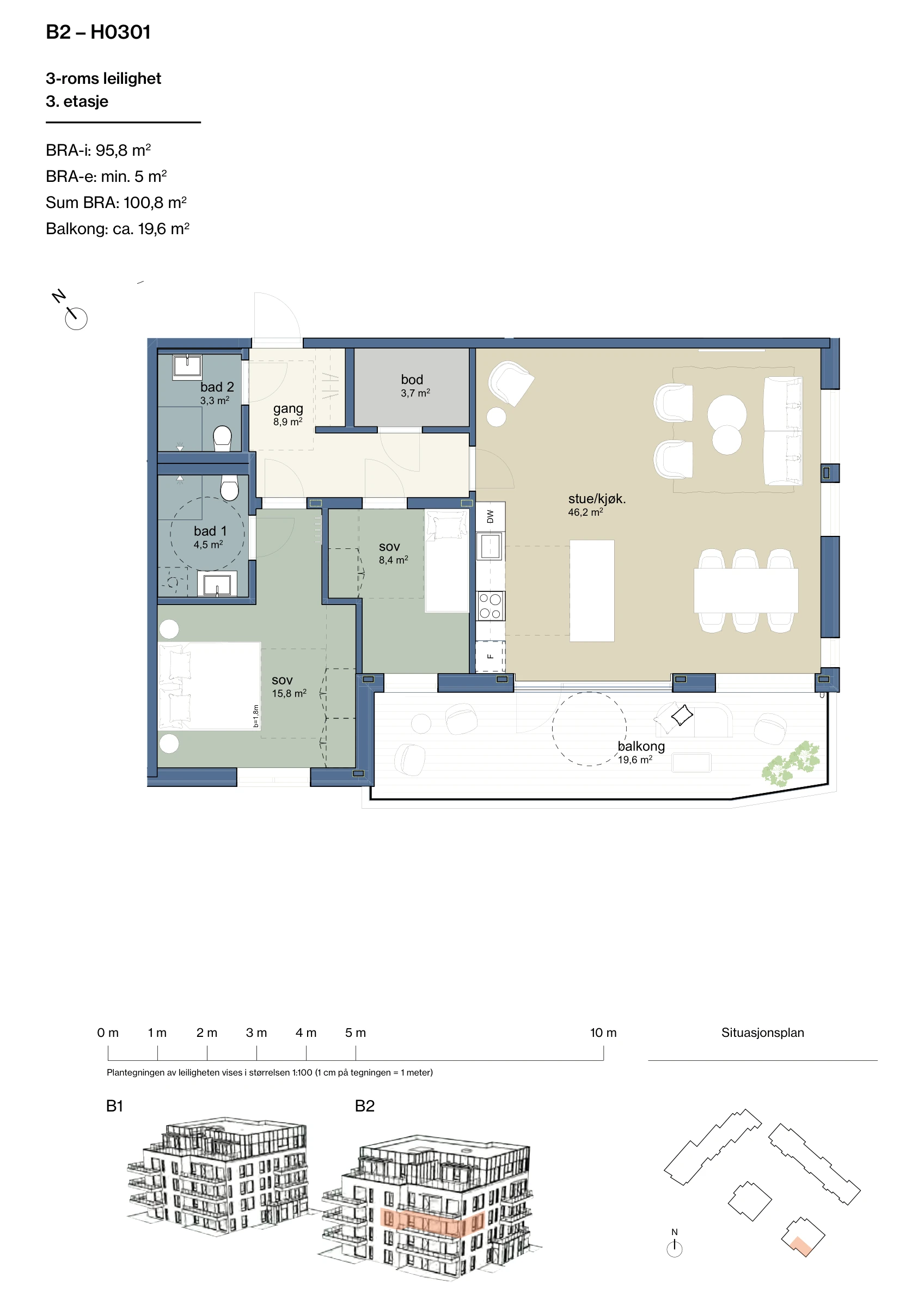 Plantegning for leilighet B2-H0301 i Jåtunparken