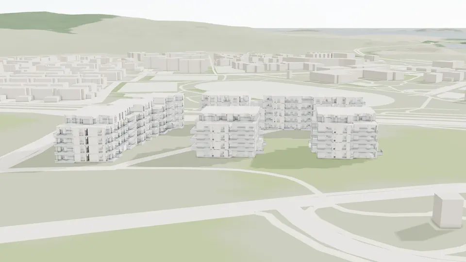 Jåtunparken sett fra luften: de fire byggene på Hinna i modellen